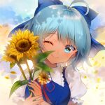  1girl ahoge bangs blue_bow blue_dress blue_eyes blue_hair blue_sky bow bowtie breasts cirno closed_mouth cloud cloudy_sky collared_shirt dress eyes_visible_through_hair flower flower_in_eye frills gradient gradient_sky grey_shirt hair_between_eyes hands_up jiji_(381134808) leaf looking_to_the_side medium_breasts multicolored_sky one_eye_closed orange_sky petals puffy_short_sleeves puffy_sleeves red_bow red_bowtie shirt short_hair short_sleeves sky smile solo summer sunflower sunset symbol_in_eye tan tanned_cirno touhou upper_body yellow_flower yellow_sky 