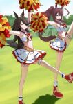  2girls absurdres animal_ears arms_up blue_eyes blurry blurry_background bow bowtie brown_hair cheerleader closed_eyes commentary_request cosplay grass hair_over_one_eye highres horse_ears horse_girl horse_tail hoshinopurin leg_up long_hair mihono_bourbon_(umamusume) multiple_girls navel nice_nature_(run&amp;win)_(umamusume) nice_nature_(umamusume) nice_nature_(umamusume)_(cosplay) pleated_skirt pom_pom_(cheerleading) ponytail rice_shower_(umamusume) roar_yell!_tracen_academy_cheerleading_squad_(umamusume) skirt standing standing_on_one_leg stomach tail thigh_strap umamusume wavy_mouth 
