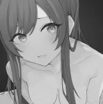  1girl bangs blush breasts cleavage close-up collarbone face highres idolmaster idolmaster_shiny_colors long_hair looking_to_the_side medium_breasts misekai_555 monochrome nude open_mouth osaki_amana out-of-frame_censoring smile solo swept_bangs 