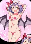  1girl :d =_= alternate_costume armpits arms_behind_head arms_up bangs bat_wings bikini blush breasts bwell commentary_request cowboy_shot fang grey_wings groin hair_between_eyes hat highres imagining looking_at_viewer mob_cap navel open_mouth pink_bikini pink_headwear purple_hair red_eyes remilia_scarlet short_hair side-tie_bikini smile solo sparkle swimsuit touhou wings 