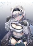  1girl :d absurdres animal_ears arknights aurora_(arknights) bangs bear_ears black_gloves black_hairband blue_eyes blush breasts cleavage cleavage_cutout clothing_cutout commentary_request crop_top cropped_jacket engawa_(organic_sushi) gloves gradient gradient_background grey_background grey_hair grey_shorts hair_over_one_eye hairband hands_up highres infection_monitor_(arknights) jacket large_breasts long_hair long_sleeves looking_at_viewer micro_shorts midriff navel open_mouth partial_commentary shorts smile solo stomach thighs very_long_hair white_jacket 
