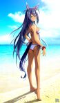  1girl amane_sou animal_ears ass barefoot beach bikini bikini_day blue_hair blue_sky cloud commentary_request day food hair_between_eyes highres hishi_amazon_(umamusume) horizon horse_ears horse_girl horse_tail long_hair looking_back mouth_hold ocean outdoors popsicle red_eyes red_scrunchie scrunchie sky solo swimsuit tail tan umamusume white_bikini 