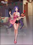  1girl apron artist_request black_shorts black_survival blurry blurry_background bow braid cake food fruit grey_sweater hair_bow hands_up heart highres holding holding_food hyejin_(black_survival) jewelry kneehighs long_hair necklace official_art open_mouth pink_apron pink_footwear purple_eyes purple_hair shorts slippers solo standing strawberry sweater tassel white_legwear 