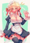  absurdres angry apron bakugou_katsuki blonde_hair blush boku_no_hero_academia border bow breasts eyes_visible_through_hair genderswap genderswap_(mtf) green_background highres large_breasts maid maid_apron maid_headdress open_mouth red_bow red_eyes ringwanderunger skindentation solo spiked_hair standing sweatdrop thighhighs white_border zettai_ryouiki 