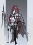  1girl breasts cleavage concept_art dark-skinned_female dark_skin deadman_(artist) eyewear_on_head heterochromia highres holding holding_weapon large_breasts long_hair looking_at_viewer navel original pointy_ears ponytail red_hair revealing_clothes simple_background smjim1986 solo standing sword weapon white_background 
