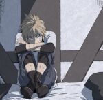  1boy against_wall bandage_on_face bandages bed_sheet black_legwear black_shirt blonde_hair blue_eyes blue_shorts boots cloud_strife crossed_ankles crossed_arms final_fantasy final_fantasy_vii final_fantasy_vii_remake full_body hair_between_eyes hugging_own_legs injury kyoujixxxx lonely male_focus pillow shirt short_hair shorts sitting solo spiked_hair t-shirt white_shirt younger 