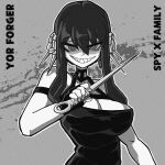  bare_shoulders black_dress black_hair breasts cleavage crazy_eyes dagger dice_coffeedox dress earrings flower greyscale grin hair_flower hair_ornament jewelry knife large_breasts long_hair looking_at_viewer monochrome rose sharp_teeth smile spy_x_family teeth weapon white_flower white_rose yor_briar 