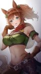  1girl akatsuki_(pixiv23539542) animal_ears breasts brown_gloves gloves hand_on_hip highres horse_ears horse_girl large_breasts looking_at_viewer midriff navel open_mouth orange_hair ponytail red_scarf scarf short_hair smile solo stomach taiki_shuttle_(umamusume) umamusume 