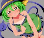  1girl absurdres adapted_costume areola_slip bangs black_headwear blush breasts bwell cleavage clothes_pull commentary_request dress dress_pull eyeball feet_out_of_frame frilled_dress frills green_dress green_eyes green_hair grey_background hair_between_eyes hat hat_ribbon heart heart-shaped_pupils highres komeiji_koishi looking_at_viewer open_mouth pulled_by_self ribbon short_hair simple_background sleeveless sleeveless_dress small_breasts smile solo sundress symbol-shaped_pupils tan tanlines third_eye touhou yellow_ribbon 