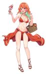  1girl absurdres bangs basket bikini blush bottle breasts cup earrings feather_earrings feathers food gradient_hair green_hair highres holding holding_basket holding_cup holding_food hololive hololive_english ice_cream ice_cream_cup jewelry kfp long_hair looking_at_viewer multicolored_hair navel open_mouth orange_bikini orange_eyes orange_hair oruka_oru shoes smile soft_serve solo sundae swimsuit tag takanashi_kiara teeth upper_teeth white_background 