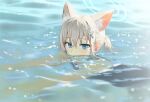  animal_ears bad_link bangs blue_archive blue_eyes blue_swimsuit cat_ears commentary_request hair_ornament hairclip highres looking_at_viewer ocean one-piece_swimsuit outdoors outstretched_arms partially_submerged ponytail school_swimsuit shiroko_(blue_archive) shiroko_(swimsuit)_(blue_archive) short_hair swimsuit wasabi60 water white_hair 
