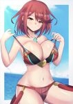  1girl absurdres adapted_costume adjusting_clothes alternate_costume bangs bare_shoulders bikini blue_sky breasts chest_jewel cleavage collarbone earrings groin highres jewelry large_breasts latte looking_at_viewer navel ocean pyra_(xenoblade) red_eyes red_hair short_hair sky smile solo swept_bangs swimsuit water xenoblade_chronicles_(series) xenoblade_chronicles_2 