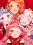  4girls ^_^ absurdres akamaru_saasha artist_name bangs black_eyes blue_hair blush closed_eyes fire_emblem fire_emblem:_three_houses gloves hand_on_another&#039;s_head hands_up highres hilda_valentine_goneril leonie_pinelli long_hair lysithea_von_ordelia marianne_von_edmund multiple_girls one_eye_closed open_mouth orange_hair pink_hair red_background red_gloves smile upper_body v white_hair 