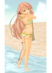  1girl absurdres akashi_(kancolle) apron ass barefoot beach breasts cloud cloudy_sky green_eyes highres kantai_collection long_hair looking_at_viewer looking_back pink_hair pot-de sand signature sky smile swimsuit water 