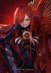  1girl bangs black_bodysuit bodysuit boots breasts cape clenched_hand collared_cape faicha fate/grand_order fate_(series) grin hair_over_one_eye hand_on_own_face high_collar knee_up large_breasts long_hair looking_at_viewer oda_nobunaga_(fate) oda_nobunaga_(maou_avenger)_(fate) parted_bangs patreon_username red_cape red_eyes red_hair shaded_face skin_tight smile solo straight_hair teeth very_long_hair 