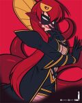  1girl artist_name bangs black_coat black_gloves breasts clothing_cutout coat cowboy_shot fang fang_out gloves grin hair_between_eyes hair_ornament highres lamia lipstick loen long_coat long_hair looking_at_viewer makeup mask medium_breasts miia_(monster_musume) monster_girl monster_musume_no_iru_nichijou navel navel_cutout official_alternate_costume open_clothes pointy_ears red_background red_hair red_lips scales smile solo tail 