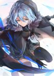  1girl bangs black_gloves black_legwear black_ribbon blue_hair breasts cape closed_mouth faicha fate/grand_order fate_(series) fur-trimmed_cape fur_trim gloves gray_(fate) green_eyes hair_between_eyes highres holding holding_scythe holding_weapon hood hooded_cape large_breasts lord_el-melloi_ii_case_files miniskirt pleated_skirt ribbon scythe skirt solo weapon 