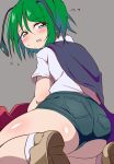 1girl antennae ass bangs black_cape black_shorts blush brown_footwear bwell cape commentary_request flying_sweatdrops full_body green_hair grey_background hair_between_eyes highres looking_at_viewer looking_back open_mouth red_cape shirt shoes short_hair short_shorts short_sleeves shorts simple_background socks solo touhou two-sided_cape two-sided_fabric white_legwear white_shirt wriggle_nightbug 