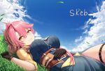  1girl belt blue_sky blush breasts buran_(22x) cloud commission eiyuu_densetsu grass hand_on_own_stomach large_breasts looking_at_viewer lying on_back outdoors pink_hair ponytail sara_valestein sen_no_kiseki skeb_commission sky smile solo yellow_eyes 