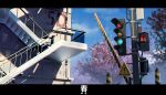  absurdres blue_sky cherry_blossoms cloud commentary_request highres letterboxed no_humans original pedestrian_lights qi==qi railing railroad_crossing road_sign scenery sign sky stairs traffic_light translated tree warning_sign 