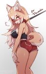  absurd_res anthro blush bodily_fluids bottomwear breasts butt canid canine canis clothing coffeechicken collar domestic_dog female hi_res leash leash_pull mammal shorts solo sweat tongue tongue_out 