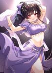  1girl :d absurdres agano_(azur_lane) ahoge arms_up azur_lane bangle bead_necklace beads black_hair bow bracelet breasts commission crop_top dancer earrings hair_bow hair_ornament hecha_(01964237) highres hoop_earrings jewelry large_breasts long_hair looking_at_viewer midriff multicolored_hair navel necklace open_mouth pixiv_request ponytail purple_shirt purple_skirt red_eyes shirt side_slit skirt smile solo standing stomach streaked_hair thighs veil 
