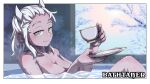  1girl absurdres bath breasts cup demon_horns grey_eyes helltaker highres horns justice_(helltaker) lemontansan looking_at_viewer nude saucer smile teacup tree white_hair window 