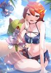  1girl :d alternate_costume arezu_(pokemon) bangs beach bikini breasts commentary_request cowlick food herunia_kokuoji highres kirlia looking_at_viewer misdreavus open_mouth pokemon pokemon_(creature) pokemon_(game) pokemon_legends:_arceus popsicle red_eyes red_hair short_hair smile sunglasses swimsuit 