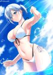  1girl alternate_hairstyle bikini blue_eyes blue_sky breasts cloud cowboy_shot day front-tie_top hachiware_(8ware63) hair_ornament hair_over_one_eye hairclip hamakaze_(kancolle) highres kantai_collection large_breasts multi-strapped_bikini outdoors short_hair side-tie_bikini sky soaking_feet solo swimsuit water white_bikini white_hair 