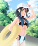  1girl baseball_cap bikini_day black_hair blue_hair blue_sky breasts cloud commentary_request cowboy_shot day gradient_hair green_eyes grin hat innertube kahakurei kantai_collection long_hair looking_at_viewer low_twintails multicolored_hair navel outdoors ribbon sky small_breasts smile solo suzukaze_(kancolle) twintails two-tone_bikini white_headwear 