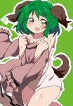  1girl animal_ears bangs blush brown_dress bwell commentary_request dog_ears dog_girl dog_tail dress dress_removed feet_out_of_frame green_eyes green_hair highres holding holding_clothes holding_dress kasodani_kyouko looking_at_viewer open_mouth outline shiny shiny_skin short_hair simple_background smile solo tail touhou towel white_outline 