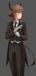  1boy absurdres arknights bangs bison_(arknights) brown_hair brown_jacket brown_necktie brown_pants closed_mouth collared_shirt formal gloves grey_background grey_vest highres jacket long_sleeves mo_ne necktie ox_ears ox_horns ox_tail pants purple_eyes shirt short_hair simple_background solo tail vest white_gloves white_shirt 