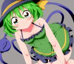  1girl absurdres adapted_costume bangs black_headwear blush breasts bwell cleavage closed_mouth commentary_request dress eyeball feet_out_of_frame frilled_dress frills green_dress green_eyes green_hair grey_background hair_between_eyes hat hat_ribbon highres komeiji_koishi looking_at_viewer ribbon short_hair simple_background sleeveless sleeveless_dress small_breasts smile solo sundress third_eye touhou yellow_ribbon 