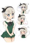  1girl anger_vein angry bangs black_bow black_bowtie black_hairband black_ribbon blue_eyes blush bow bowtie breasts closed_eyes closed_mouth collared_shirt commentary_request dress ghost green_dress green_skirt green_vest grey_hair hairband hands_on_own_face hands_up highres hitodama ilt_sax konpaku_youmu konpaku_youmu_(ghost) looking_to_the_side medium_breasts miniskirt open_mouth puffy_short_sleeves puffy_sleeves ribbon shirt short_hair short_sleeves simple_background skirt smile solo standing touhou v-shaped_eyebrows vest white_background white_shirt 