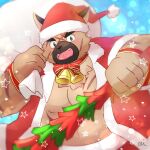  2022 alli_paeonia anthro bag blush brown_body canid canine canis christmas christmas_clothing christmas_headwear clothing cute_fangs domestic_dog hat headgear headwear hi_res holidays humanoid_hands kemono lifewonders male mammal overweight overweight_male santa_hat scar solo tokyo_afterschool_summoners video_games yasuyori 