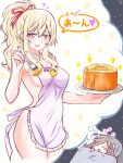  2girls :d absurdres alternate_hairstyle animal_print apron artist_name bangs bare_arms bare_shoulders baumkuchen bed bird_print blanket blonde_hair blush blush_stickers breasts brown_hair cake cake_slice chibi chibinekopan cleavage closed_eyes commentary_request covered_nipples cowboy_shot cropped_legs dreaming food frilled_apron frills hair_between_eyes hair_down hair_ribbon hand_up heart high_ponytail highres holding holding_food holding_plate long_hair looking_at_viewer lying medium_breasts multiple_girls naked_apron on_back on_bed open_mouth outstretched_hand pillow pink_eyes plate ponytail print_apron purple_apron red_ribbon ribbon saijou_claudine shoujo_kageki_revue_starlight sideboob sidelocks sleeping smile sparkle speech_bubble spoken_heart standing tendou_maya thought_bubble translation_request under_covers yuri 
