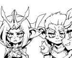  1boy 2girls alternate_form armor bangs blush breasts character_request cleavage closed_mouth crossed_arms facial_mark fang grey_background greyscale league_of_legends leblanc_(league_of_legends) medium_breasts medium_hair monochrome multiple_girls phantom_ix_row pointy_ears scar scar_on_face short_hair shoulder_armor simple_background sweatdrop upper_body wukong_(league_of_legends) 