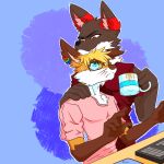  1:1 absurd_res anthro blue_eyes canid canine canis clothed clothing coffee_cup coffee_mug colored container cup desk digital_drawing_(artwork) digital_media_(artwork) ditzz duo ear_piercing ear_ring embrace eyewear fox fur furniture glasses grin hi_res keyboard male male/male mammal mousepad multicolored_body multicolored_fur naughty_intentions nervous nervous_sweat pattern_background piercing red_eyes ring_piercing simple_background smile table wolf 