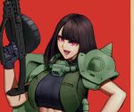  1girl black_gloves breasts brown_hair commission english_commentary gloves gun gundam head_tilt holding holding_gun holding_weapon humanization large_breasts looking_at_viewer medium_hair mobile_suit_gundam open_mouth pink_eyes portrait roviahc shoulder_spikes solo spikes v-shaped_eyebrows weapon zaku_ii 