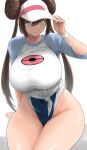  1girl bangs blue_eyes blue_swimsuit blush breasts brown_hair covered_navel double_bun duplicate hair_bun highleg highleg_swimsuit highres kemigawa_mondo large_breasts long_hair looking_at_viewer one-piece_swimsuit pixel-perfect_duplicate pokemon pokemon_(game) pokemon_bw2 raglan_sleeves rosa_(pokemon) shirt simple_background sitting smile solo swimsuit swimsuit_under_clothes thighs tied_shirt twintails visor_cap wet white_background white_swimsuit 