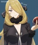  12_hnt 1girl blonde_hair blue_background cynthia_(pokemon) fur-trimmed_sleeves fur_collar fur_trim grey_eyes hair_ornament hair_over_one_eye highres holding holding_poke_ball looking_at_viewer poke_ball pokemon pokemon_(game) pokemon_dppt smile solo upper_body v-neck 
