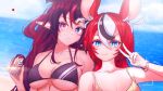  2girls animal_ears beach blue_eyes bracelet breasts can hakos_baelz highres hololive hololive_english horns irys_(hololive) jewelry long_hair medium_breasts mouse_ears multiple_girls ocean pointy_ears purple_eyes purple_hair red_hair signature sk_jynx smile soda_can v viewfinder virtual_youtuber 