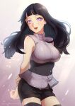  12_hnt 1girl arms_behind_back bangs black_hair black_legwear black_shorts blush breasts byakugan corset english_text fishnets highres hyuuga_hinata kneehighs large_breasts light_particles lips long_hair looking_at_viewer naruto_(series) naruto_shippuuden open_mouth purple_eyes shorts sleeveless smile solo standing twitter_username 