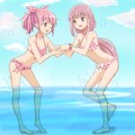  2girls bangs barefoot bikini blue_sky blunt_bangs braid breasts brown_eyes cloud commentary_request frilled_bikini frills full_body kaname_madoka kinfuji long_hair magia_record:_mahou_shoujo_madoka_magica_gaiden mahou_shoujo_madoka_magica multiple_girls partially_underwater_shot pink_hair short_hair side-tie_bikini sidelocks single_braid sky small_breasts striped striped_bikini swimsuit tamaki_iroha twintails water 