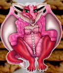  absurd_res adelina_the_love_dragon anthro bottomless breasts claws clothed clothing cookie crouching female food genitals heart_(marking) heartlessangel3d hi_res nippleless pink_body pink_scales pussy red_body red_skin scales solo wings 