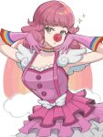  1girl ace_attorney bangs breasts choker cleavage clown clown_nose dress frills geiru_toneido gloves hands_up highres large_breasts layered_dress looking_at_viewer makeup medium_hair milka_(milk4ppl) multicolored_clothes phoenix_wright:_ace_attorney_-_spirit_of_justice pink_dress pink_gloves pink_hair rainbow_print shiny shiny_hair sleeveless smile solo sparkle suspenders white_background 