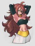  1girl android_21 arms_behind_head blue_eyes breasts cleavage dragon_ball dragon_ball_fighterz glasses grey_background hair_between_eyes heterochromia kemachiku long_hair looking_at_viewer majin_android_21 midriff navel red_eyes red_hair simple_background smile solo 