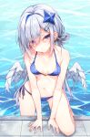  1girl :t amane_kanata angel_wings bangs beliatan bikini blue_bikini blue_hair blush breasts closed_mouth eyes_visible_through_hair feathered_wings grey_hair hair_ornament hair_rings hairclip highres hololive long_hair looking_at_viewer multicolored_hair navel polka_dot polka_dot_bikini pool pout purple_eyes side-tie_bikini small_breasts solo stomach swimsuit v_arms very_long_hair virtual_youtuber water wet wings 