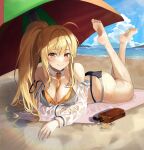  1girl absurdres ahoge ass bare_arms bare_legs bare_shoulders barefoot beach beach_mat beach_umbrella between_breasts bikini black_bikini blonde_hair breasts cleavage closed_mouth day detached_collar fakey feet highres large_breasts legs_up long_hair long_sleeves looking_at_viewer lotion_bottle lying multi-strapped_bikini necktie ocean off_shoulder on_stomach original outdoors ponytail revision see-through see-through_sleeves sidelocks smile solo strap_slip string_bikini swimsuit the_pose thighs umbrella very_long_hair wet wrist_cuffs yellow_eyes 