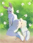  anthro anus beastars butt female flower genitals haru_(beastars) hi_res lagomorph leporid mammal panakotta plant pussy rabbit solo 